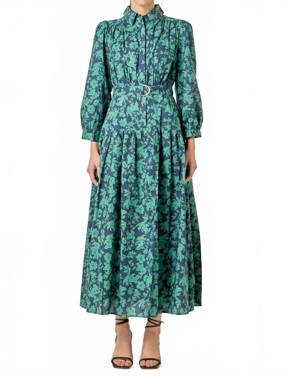 NEW ENGLISH FACTORY women's fall printed midi dress in navy and emerald